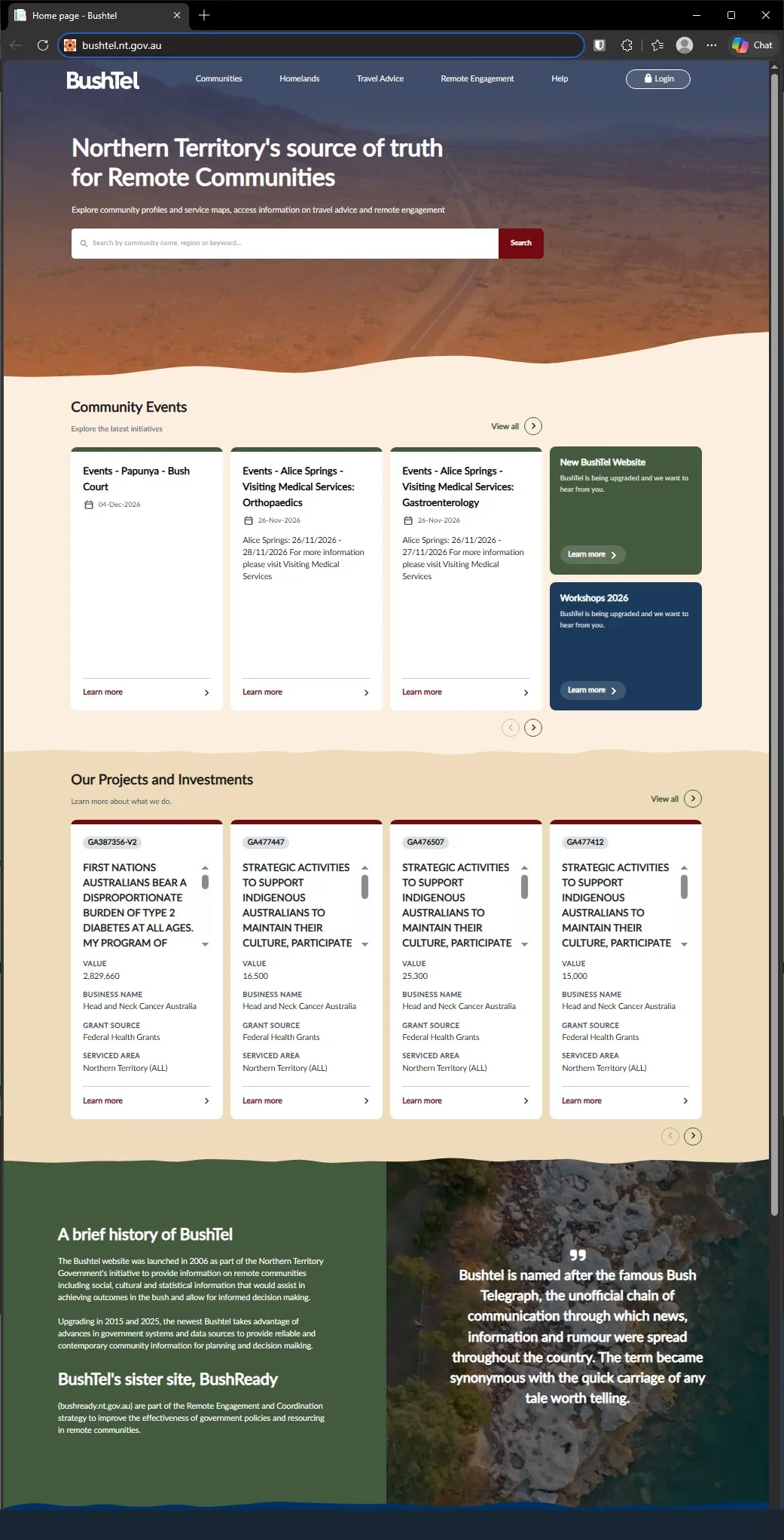 BushTel Northern Territory community information web application